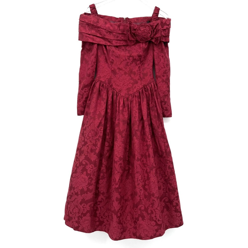 VTG Scott McClintock 80s Midi Dress Size 4‎ Party Prom Brocade Red Off Shoulder
